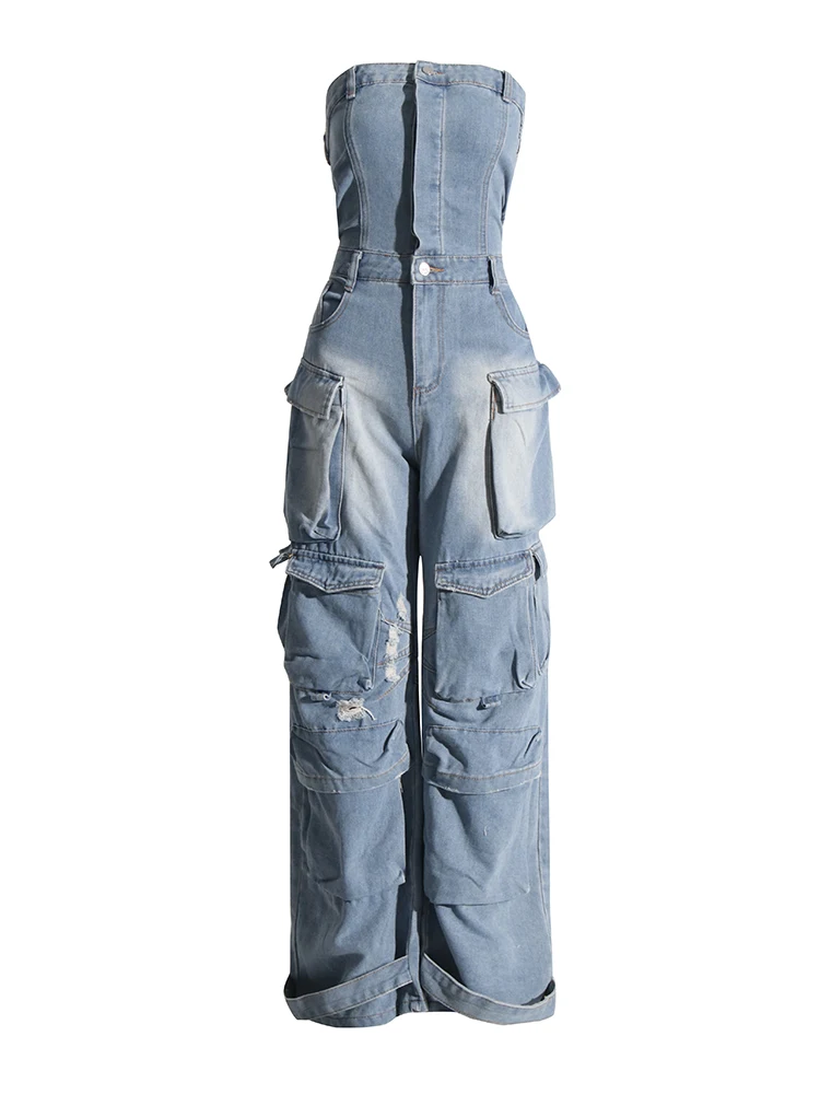 ROMISS Patchwork Pockets Streetwear Denim Jumpsuits For Women Strapless Sleeveless High Waist Casual Jumpsuit Female New