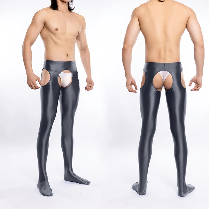Men's Sexy Crotchless Skinny Pants Elastic High Waist Slim Fit Tights Oil Glossy Wet Hollowlong Leggings Pants For Nightclub
