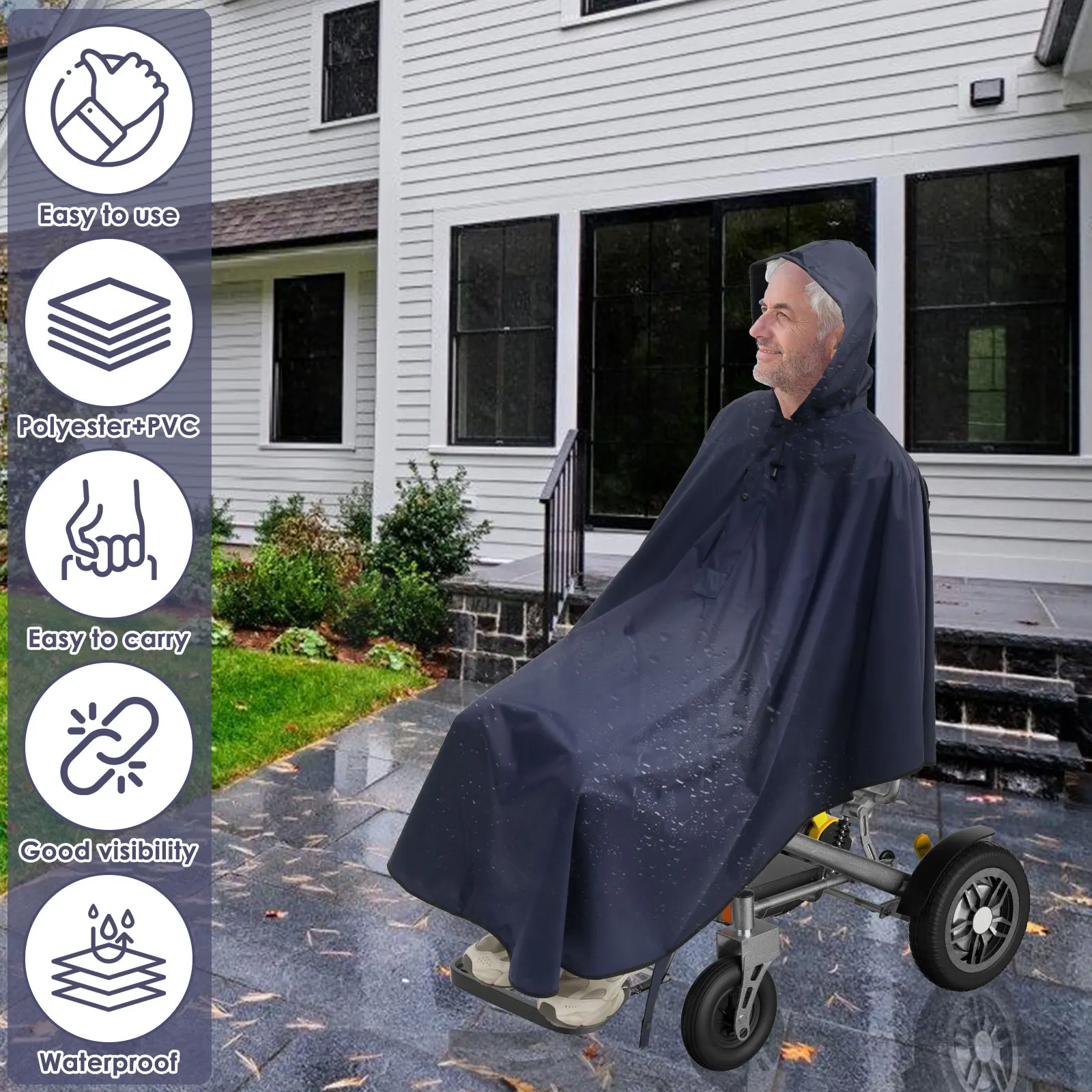 Reflective Wheelchair Poncho Polyester Waterproof Mobility Scooter Raincoat With Adjustable Hood Disabled Raincoat for Men Women