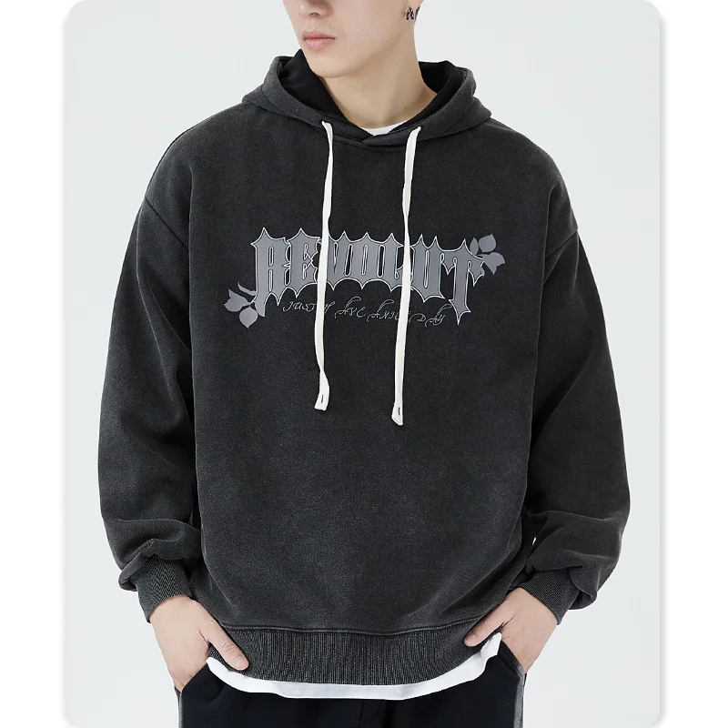 

Autumn/winter new men's vintage hoodie loose and fleece thick printed coat