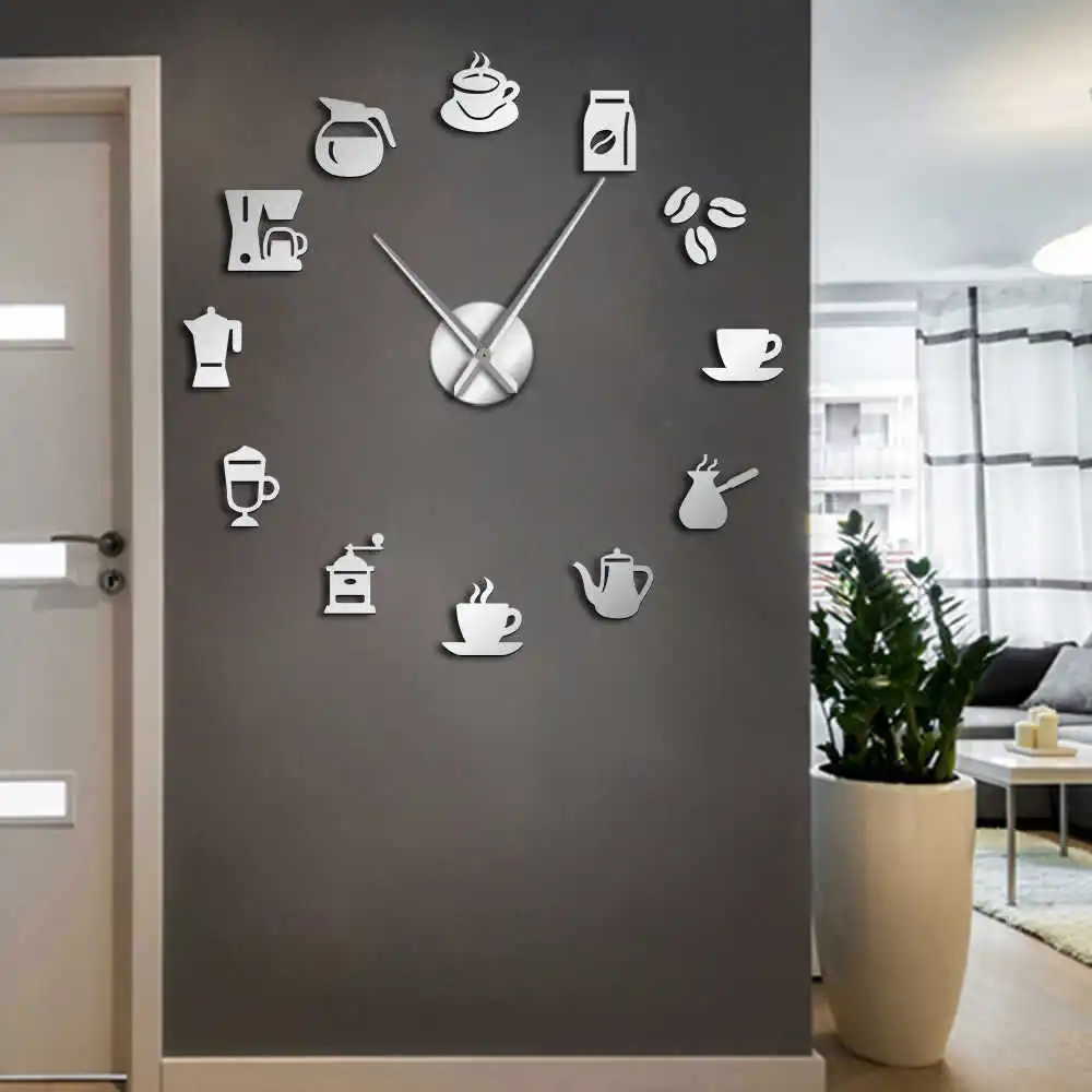 DIY 3D New Modern Design Wall Clock Coffee Cup Shape Acrylic Home Clocks For Kitchen Dinner Room Decor Mirror Silent Horologe