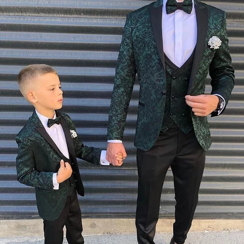 Green Seuqins Boy Mens Suits 3 Pcs Slim Fit Wedding Grooms Tuxedos Peaked Lapel Formal Blazer Kid Prom Suit Jacket+Pants+Vest