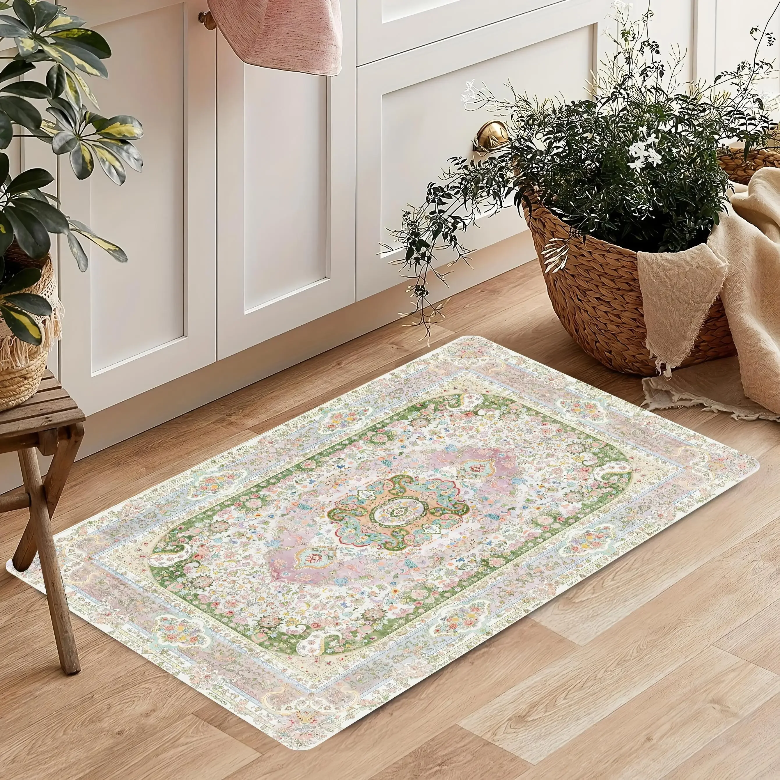 Green and Pink Persian Carpet Flannel Anti-slip Bathroom Accessories for Living Room Doormat Entrance Foot Mat Home Decoration 2