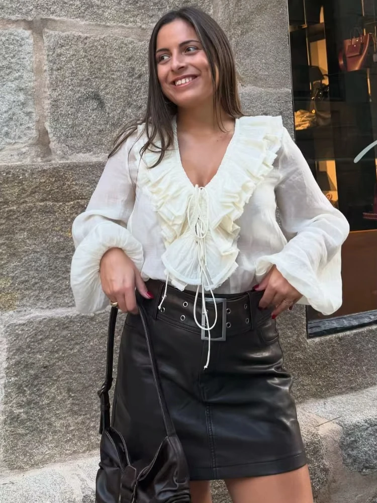 HH 2025 New Fashion Women Ruffled Blouses Translucent Thin Lace Up Shirt Elegant Butterfly Pleated Long Sleeve Shirts Tops