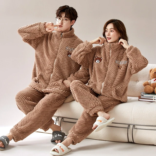 2023 New Sporty Flannel Sleepwear Couples Zipper Pajamas Set Women and Men  Matching Pijamas Mujer Hombre Korean Fashion Pjs - AliExpress