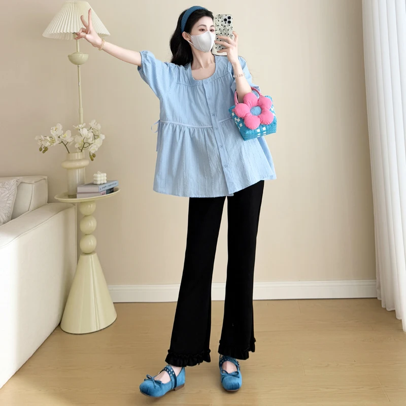 Y82320 출산 탑 트렌디 패션 엄마 짧은 소매 중공 탑 여성용 세련된 여름 새 도착 의류 임신 블라우스