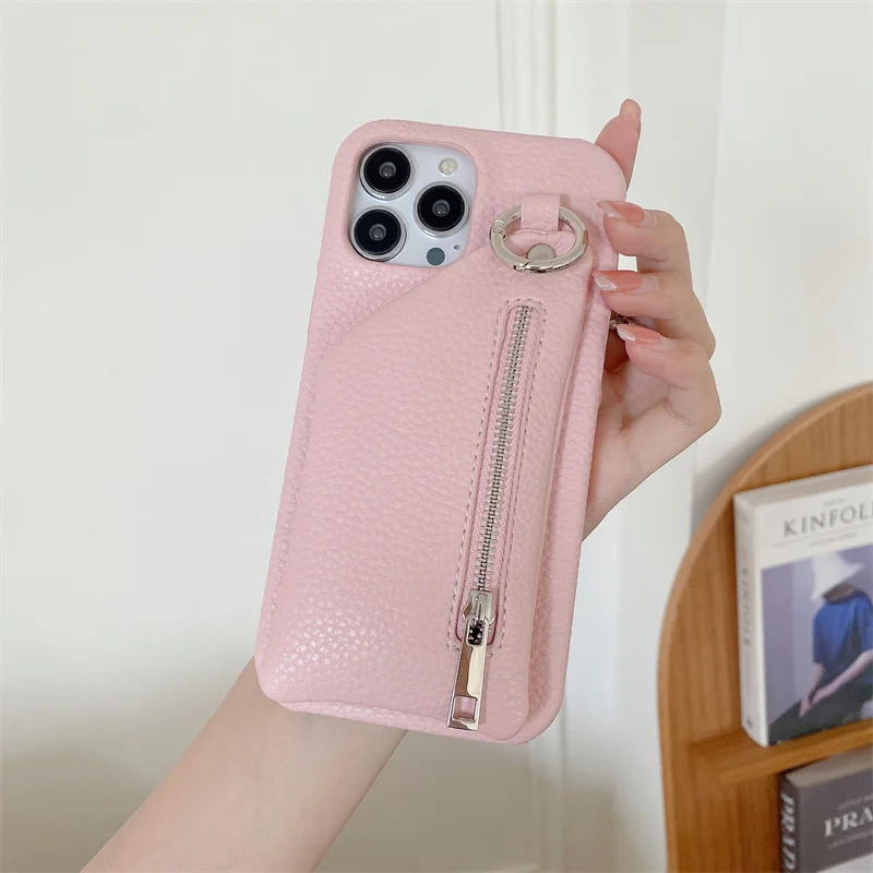 Lychee PU Leather Wallet Cover with Zipper and Stand