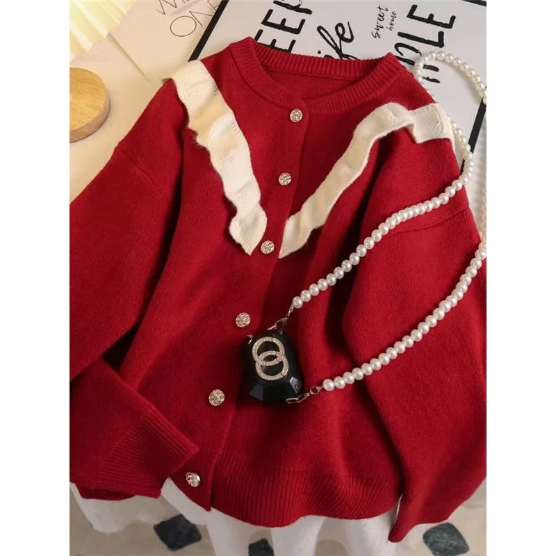 

Design Sweater Cardigan Knitted Coat Women'S 2024 New Ruffled Round Neck Early Spring Top