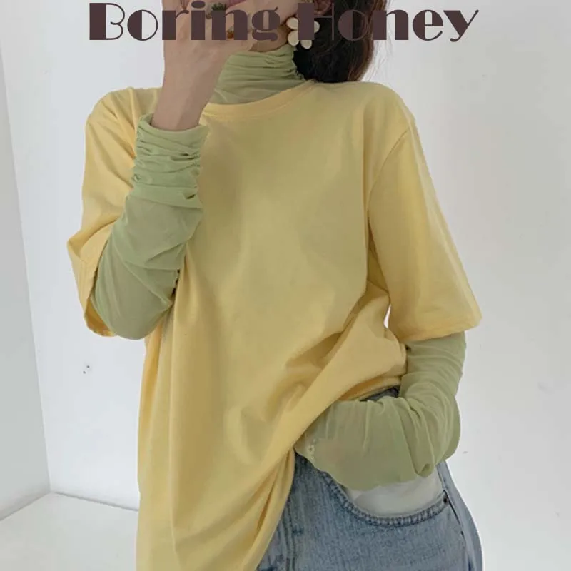 

Женская Базовая рубашка с высоким воротником Boring Honey, Пляжное платье с длинным рукавом, свободная и удобная сетчатая одежда, Пляжная накидка, Женский Топ