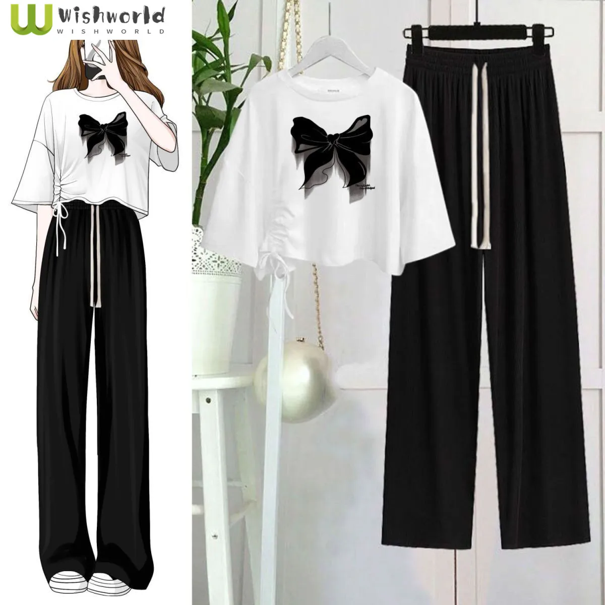 

Butterfly Print Drawcord Pleated Short Sleeve T-shirt Casual Wide Leg Pants Two-piece Women's Pants Set Tracksuit Outfits