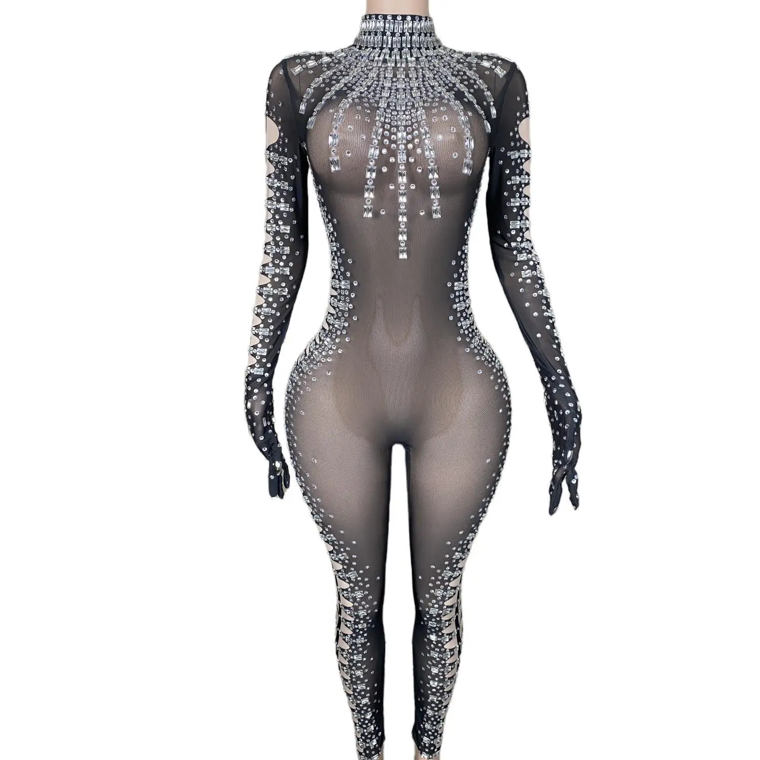 

Luxury Sparkly Rhinestones Jumpsuit for Women Sexy Mesh See Through Celebrate Party Birthday Outfit Dancer Singer Stage Wear