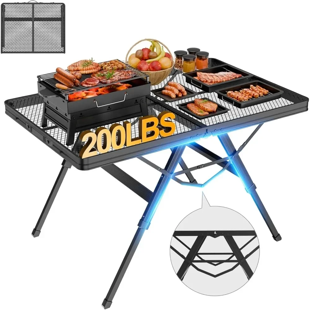 3 FT Folding Grill Table, Portable Camping Table for Outside, 3 Adjustable Height Folding Table with Desktop, Lightweight Outdoo