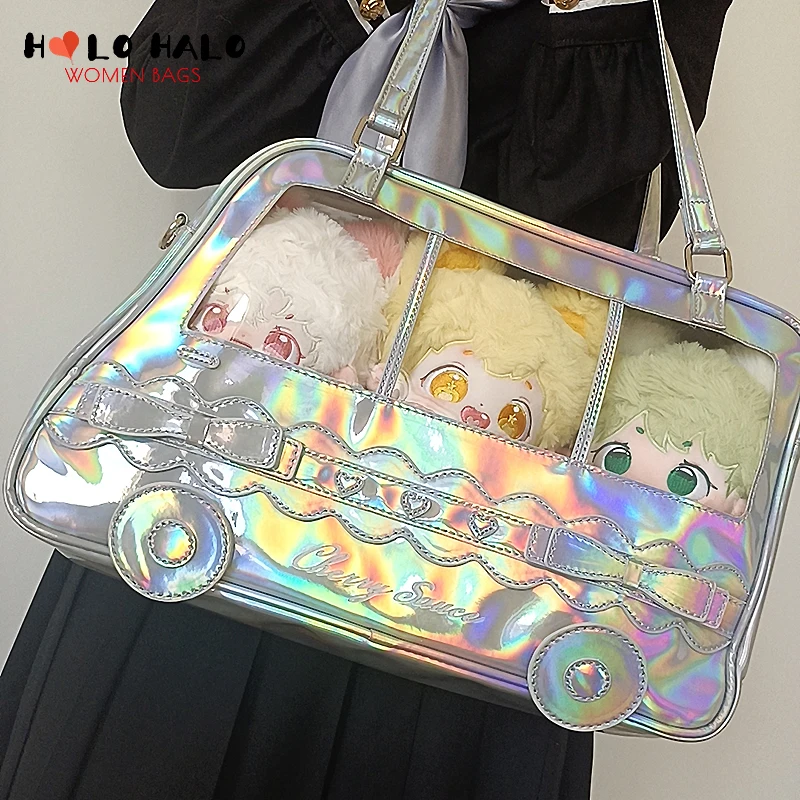 

Kawaii Bus Shaped Ita Handbag with Clear Pocket Women School Totes Shoulder Bag for 20cm Dolls Girls Badge Display Ita Purse