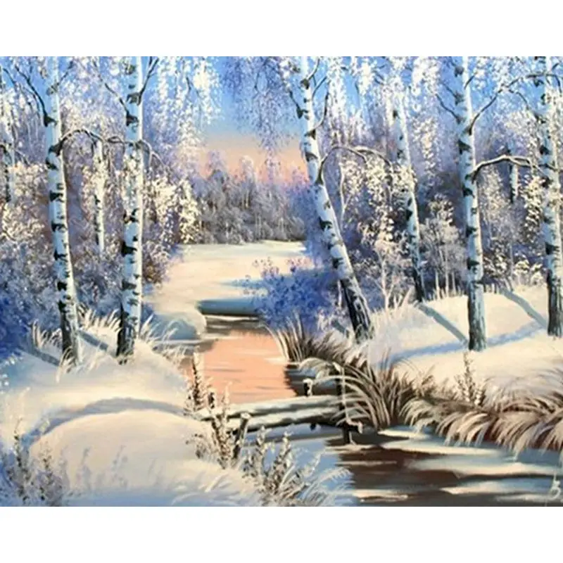 YEESAM ART Verf op nummers voor volwassenen kinderen, sneeuw bos winter landschap 16x20 inch linnen canvas acryl DIY nummer schilderij kits muur kunst