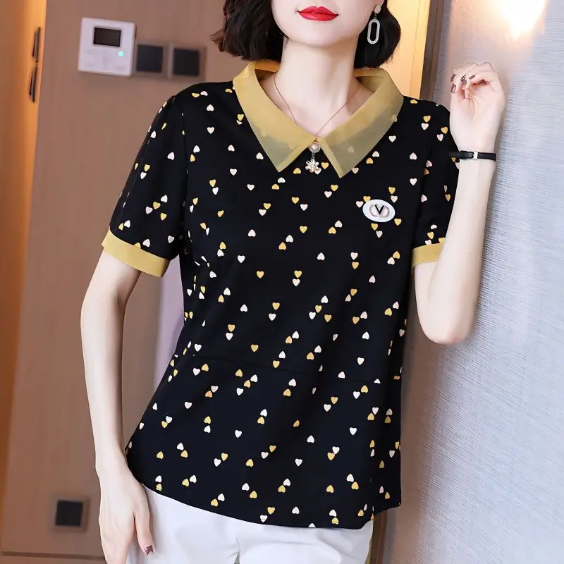 Vintage Heart-shaped Printed Blouse Summer Stylish Gauze Turn-down Collar Spliced Patch Women's Clothing Casual Designs Shirt