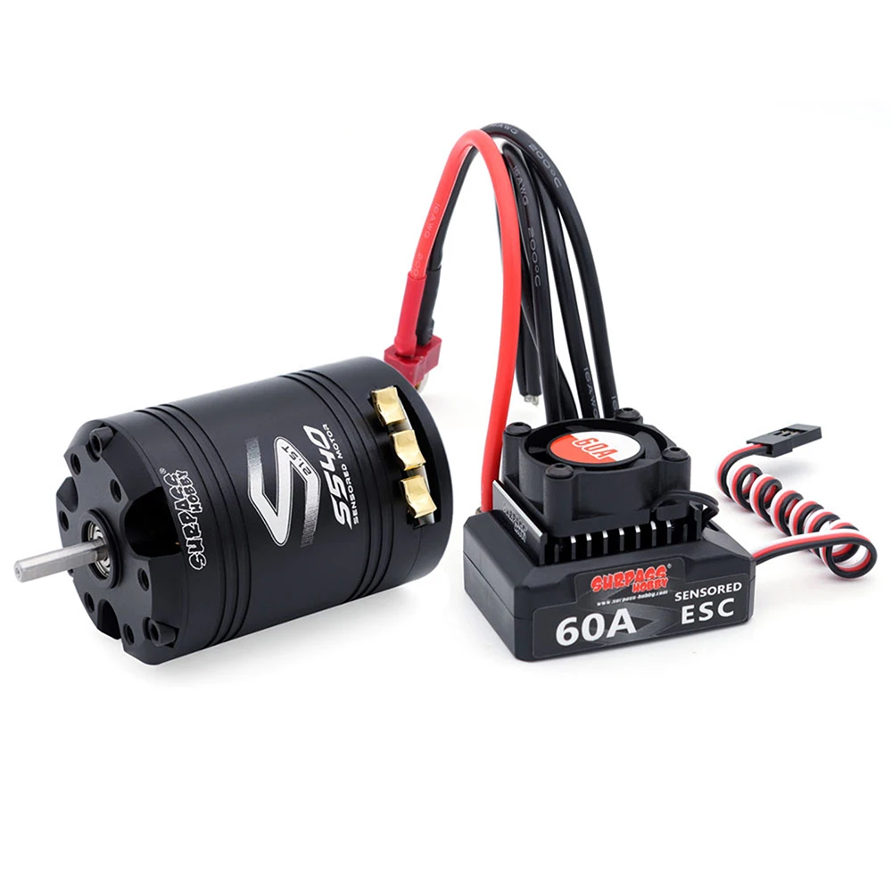 Moteur S540 et ESC 60A SURPASSHOBBY présentés sur fond neutre, prêts pour installation RC