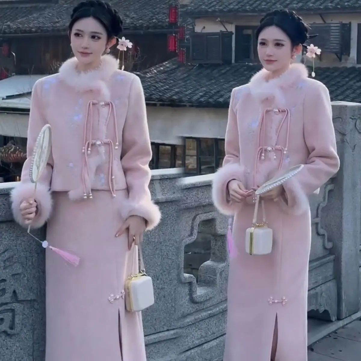 

Autumn and Winter New Chinese Style Heavy Industry Embroidered Wool Slimming Long-sleeve Women Suit Coat Top Skirt Two-piece Set