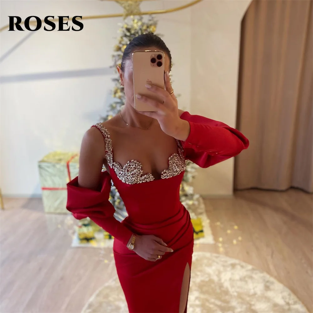 ROSES Spaghetti Strap Long Party Dresses Vintage Red Mermaid Night Dresses Sequin Celebrity Dress with Slit vestidos de fiesta