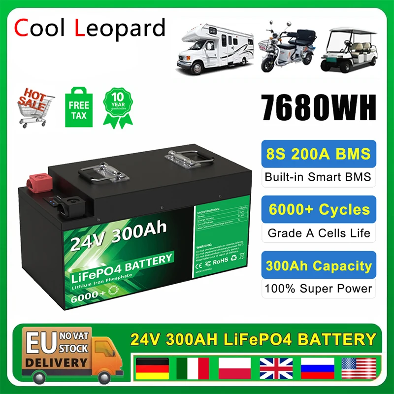 

New 12V 24V 100Ah 200Ah 300Ah LiFePo4 Battery Pack, for 25.2V RV Golf Cart Boat Solar Rechargeable Battery Built-in BMS