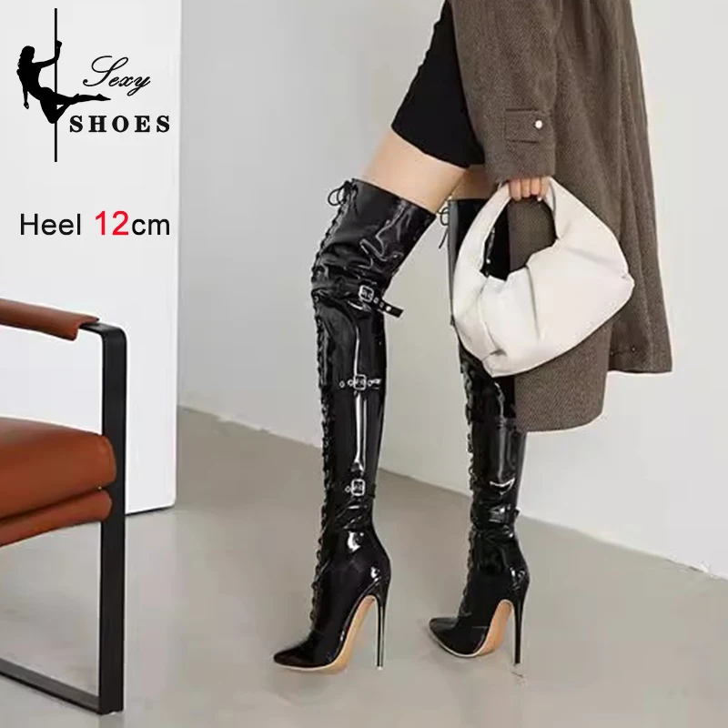 2023 Belt Buckle Over-the-Knee Thigh High Women's Boots Pointed Toe  Autumn Winter Long Boots Flock Thin High Heels Woman Shoes