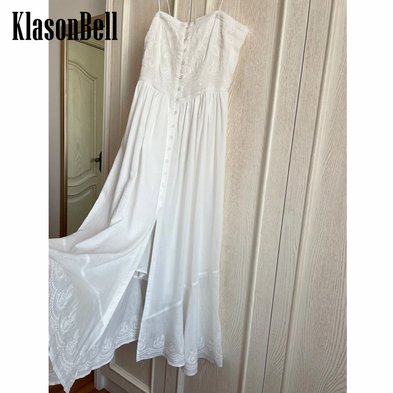 

5.24 KlasonBell Bohemian Embroidery Print Collect Waist Maxi Dress Women Single Breasted Temperament Sexy Spaghetti Strap Dress