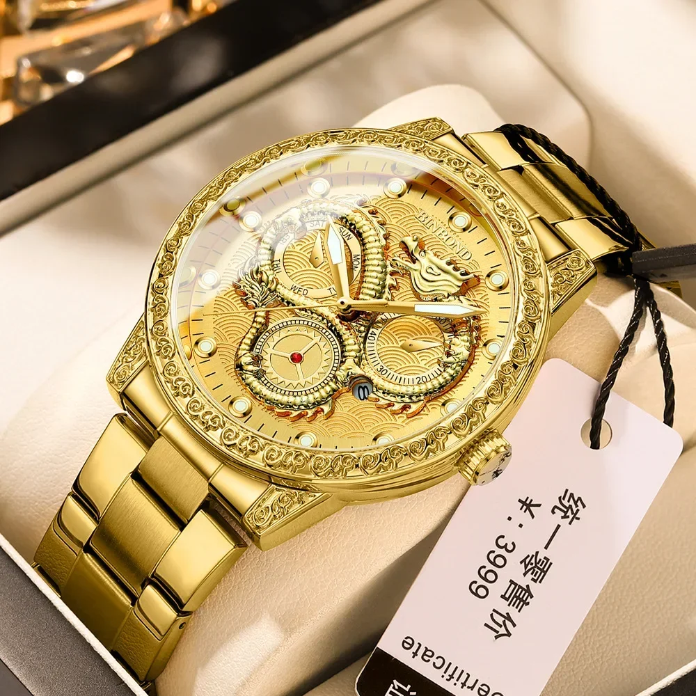 

Fashion Gold Carved Dragon Watch Men StainlessSteel Waterproof Luminous Calendar Mens Watches Top Brand Luxury Relogio Masculino