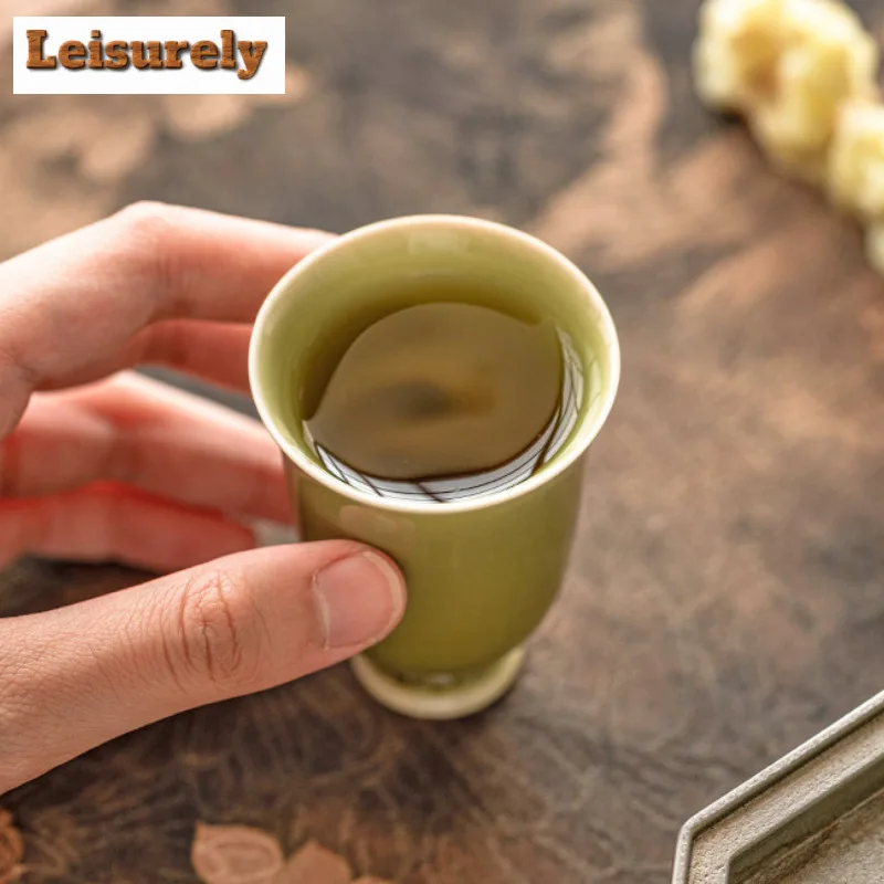 2pc/set Yaozhou Kiln Celadon Teacup Tea Dust Green High Foot Fragrant Cup Tea Tasting Single Mug Personal Master Cup Teaset 50ml
