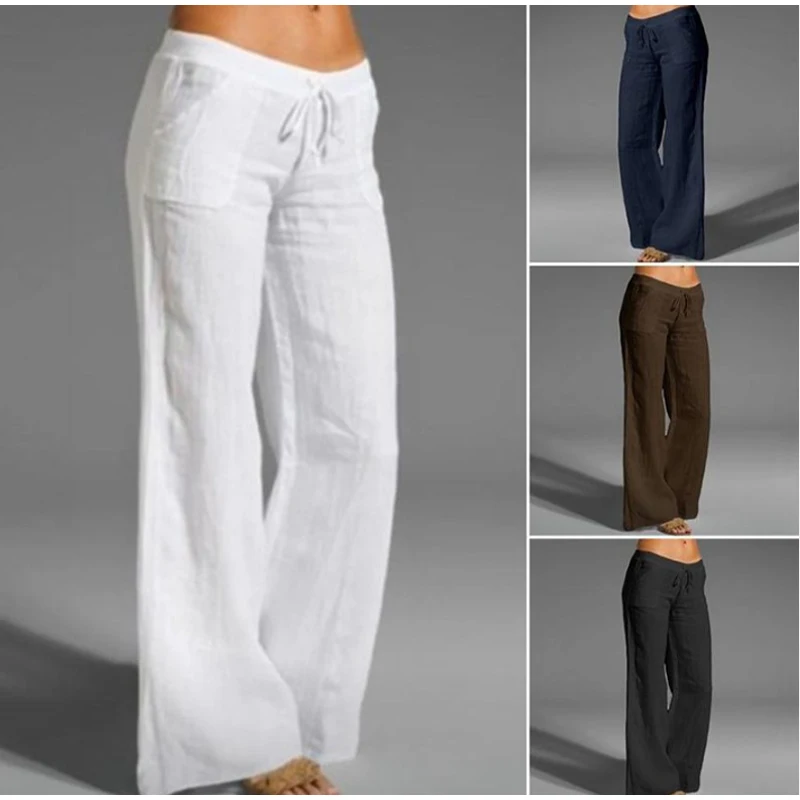 leather pants Women's wide leg trousers High Waist Casual loose summer women's trousers 2022 Cotton linen drawstring trousers slacks