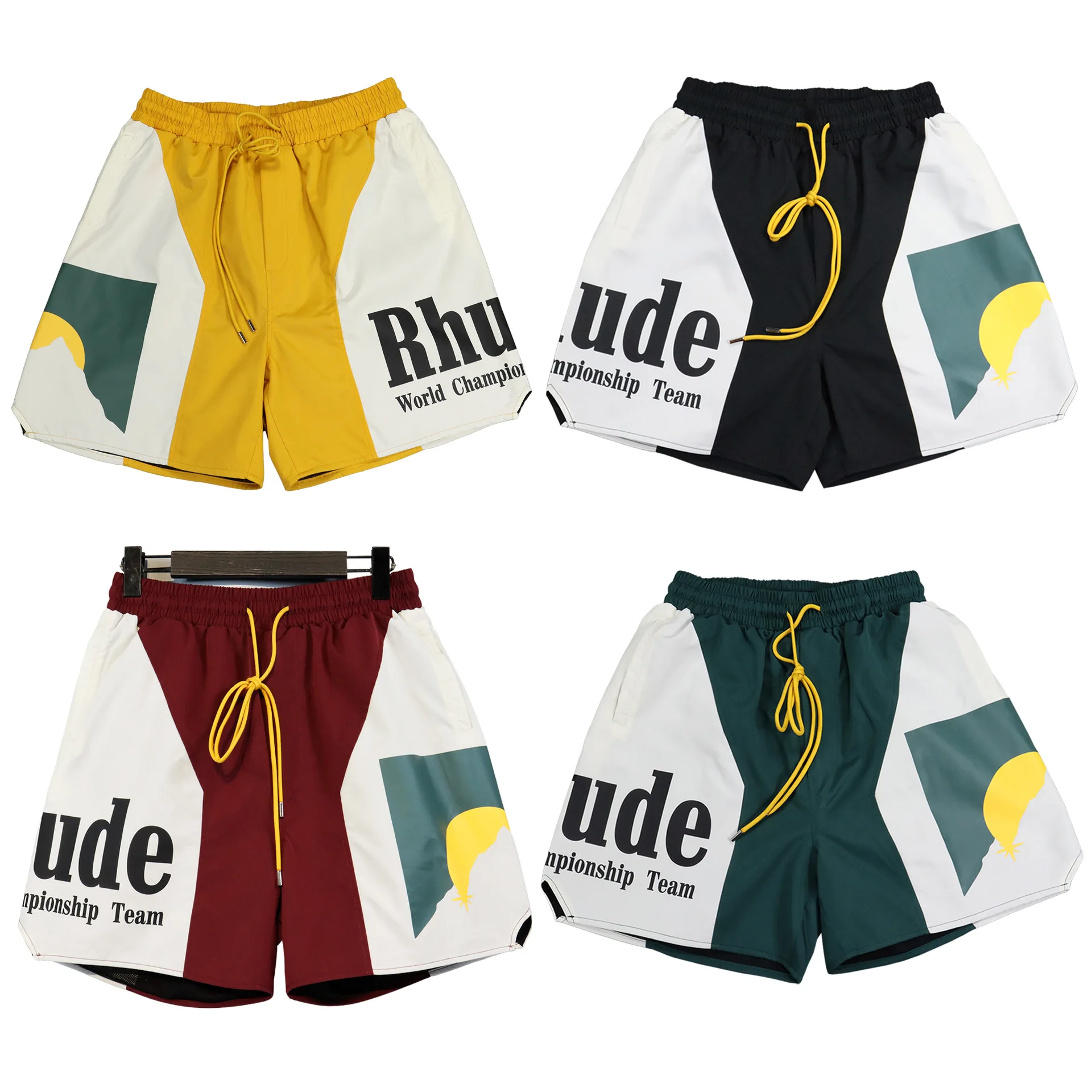 

2024 RHUDE Street Fashion Brand Sports Shorts Sunset Print Panel Contrast Leisure Beach Pants Unisex