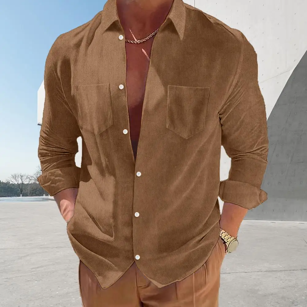 

Men Corduroy Shirt Stylish Men's Corduroy Shirt Lapel Long Sleeve Slim Fit Business Casual with Patch Pockets Autumn Winter