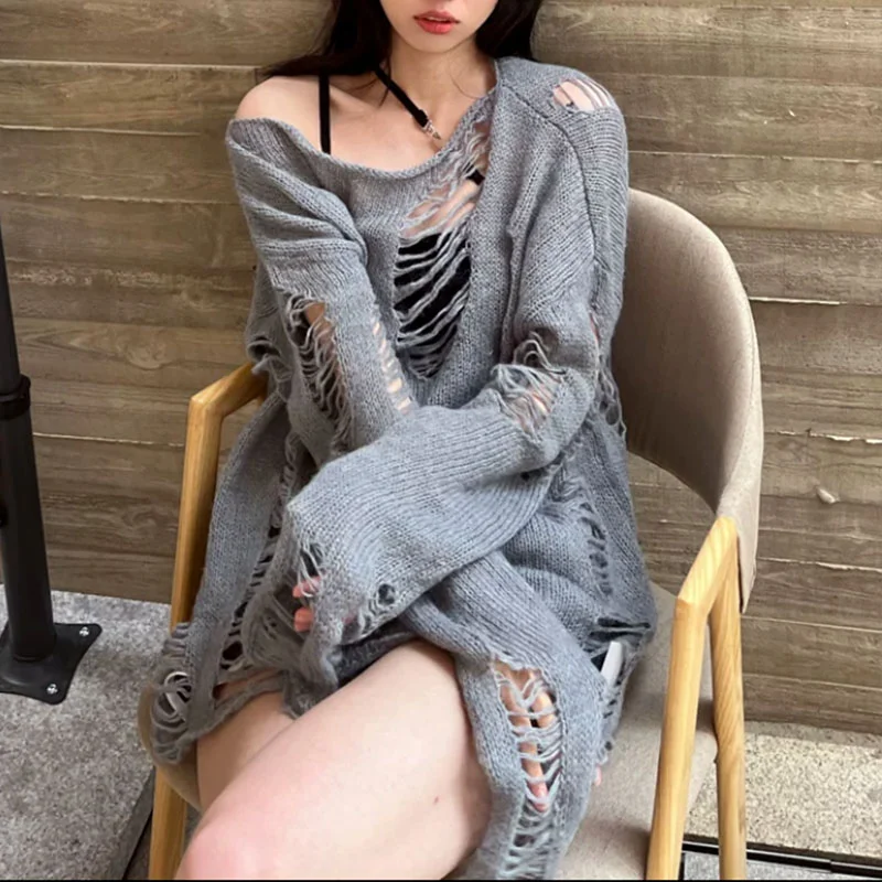 

Streetwear Casual Loose Women Blouse Set with Holes Summer Autumn O Neck Knit Shirt Hollow Out Sexy Office Lady Tops Woman 27623