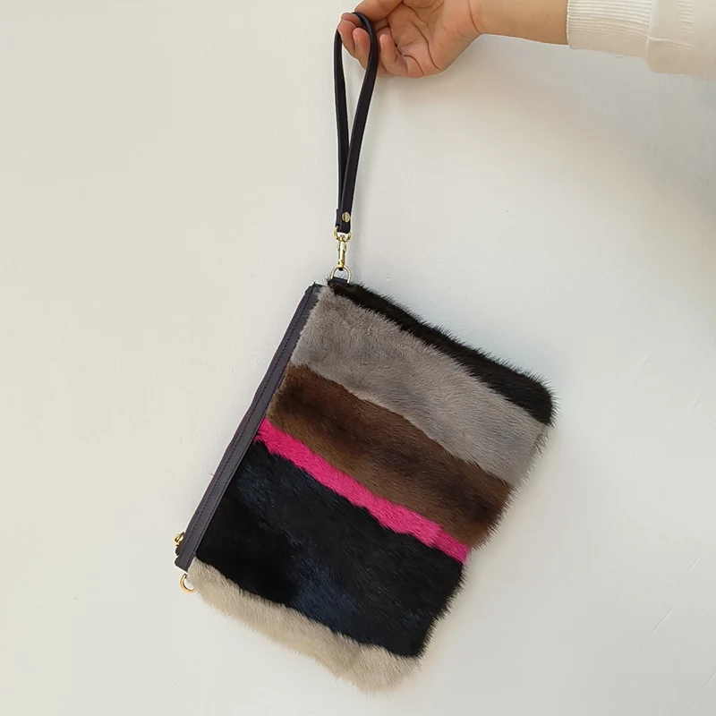 High Quality Real Mink Fur Handbag Women Casual Long Belt Genuine Fur Shoulder Bag Genuine Tote Bags Femme