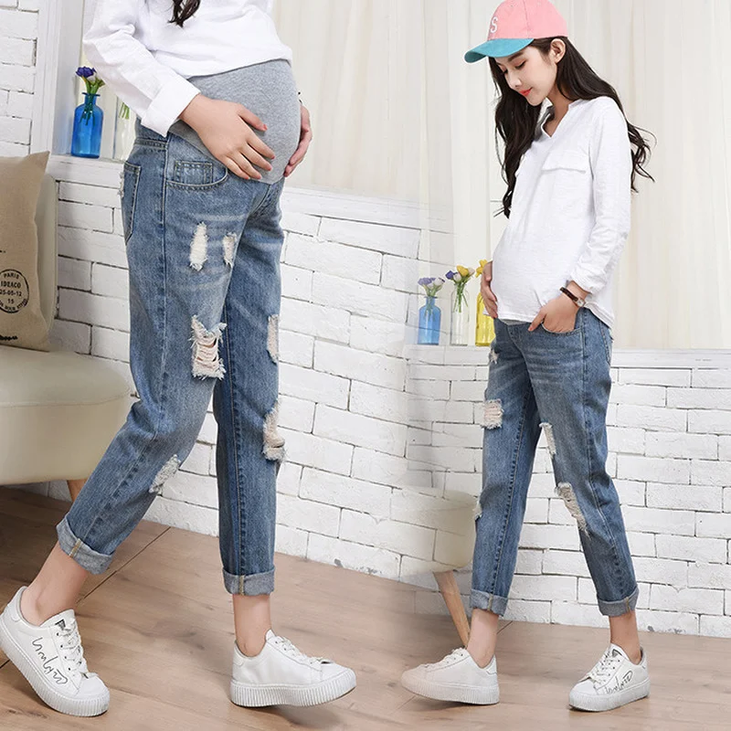 

Denim Maternity Pants Fashion Broken Hole Jeans for Pregnant Women Spring Autumn Elastic Waist Belly Trousers Pregnancy Clothes