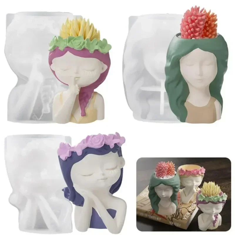 Silicone Mold 3D Cute Girl Flower Pot Mould DIY Handmade Crafts Plaster Candle Crystal Epoxy Resin Mold For Home Decors