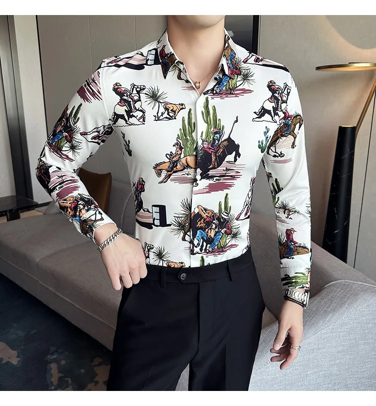 Men's Luxury Design Dress Shirt Long Sleeve Button Down Printed Shirt for Men