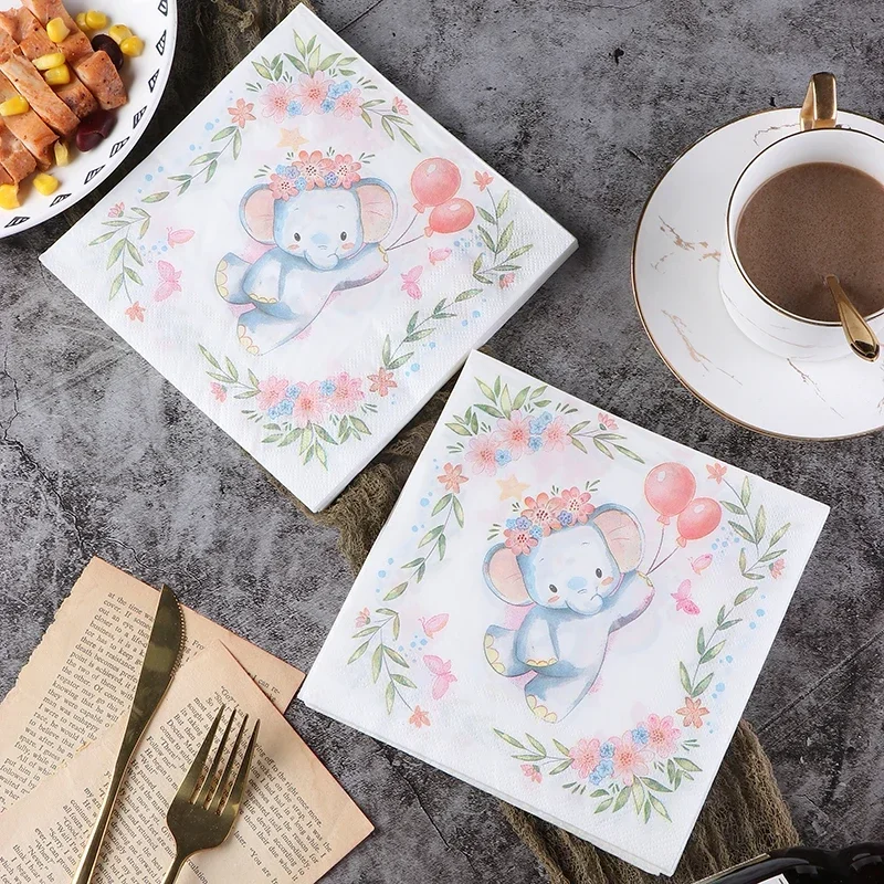 Party Tissue Paper 20pcs/pac 2-Ply Color Napkins Printed Pure Wood Pulp Cartoon Cute Little Elephant Food Grade Paper Towel