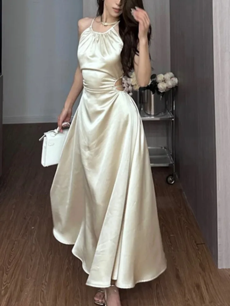 

New Satin Vintage Summer Party Dress Women Casual A-Line Solid Elegant Prom Vestidos Female Fashion Slim Halter Robe Clothes