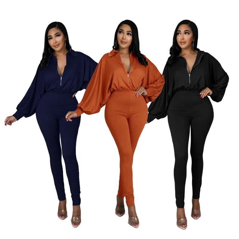 

Spring New Full Sleeve Jumpsuit For Women Solid Colour Long Rompers Fashion Lapel Zipper Bodysuit Elegant Office Ladies Vestidos