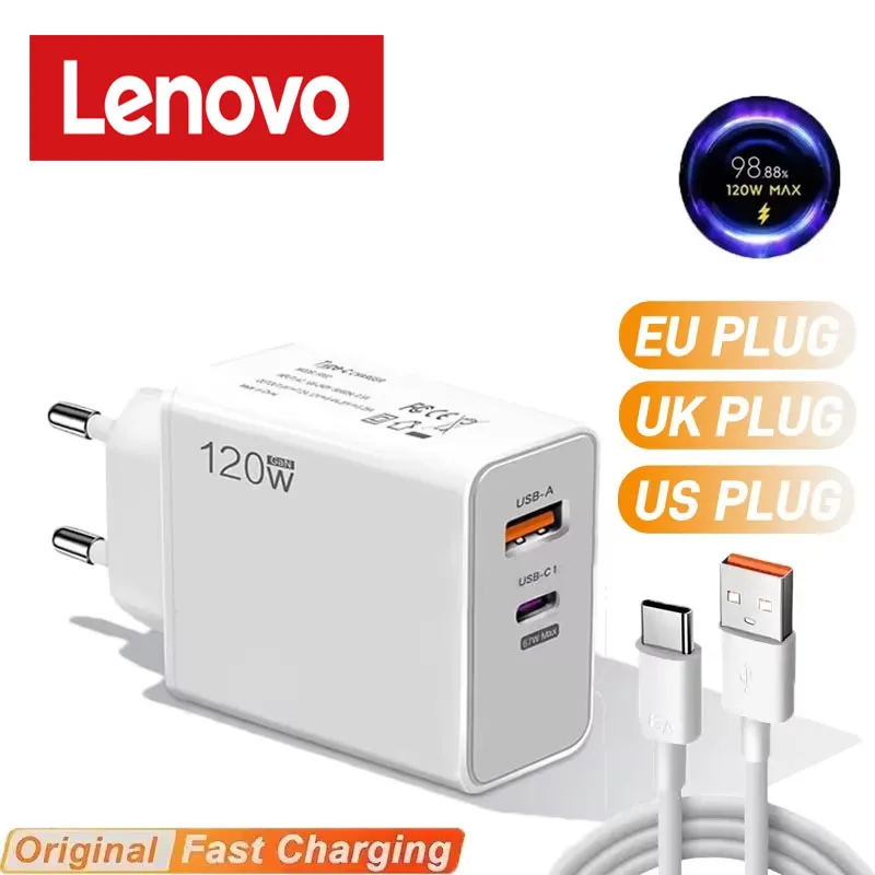 Lenovo 120w Original Charger Turbo Fast Charge EU US UK Wall Hypercharge Adapter USB 6A Type C Cable Universal For Xiaomi iPhone 1
