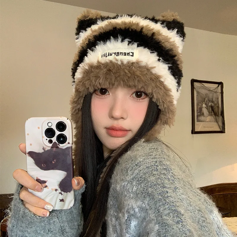 Cat Ear Contrast Stripe Handmade Crochet Plush Beanie Hat Woman Cute Ear Protection Warm Imitation Mink Wool Cap in Winter Hats winter hat,wool hat,knit beanie hat