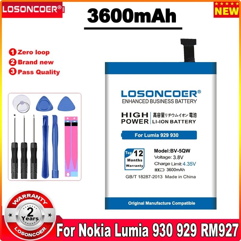 

LOSONCOER BV-5QW 3600mAh Battery For Nokia Lumia 930 Battery 929 RM927 Batteries