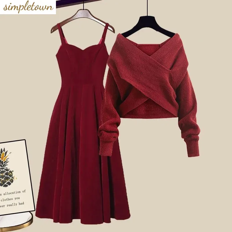 Autumn/Winter Women's Set 2024 New Year Versatile Solid Color Cross Sweater Slim and Versatile Dress Two Piece Set
