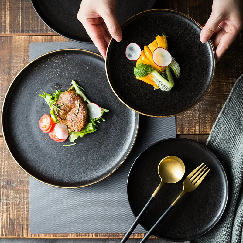 Plato-de-carne-negro-esmerilado-chapado-en-oro-de-cer-mica-plato-de