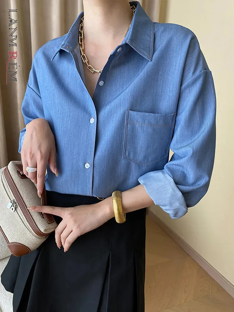 

Женская Однотонная рубашка LANMREM, элегантная однобортная блузка во французском стиле с отложным воротником и длинным рукавом, Новинка осени 2023, 26D5135