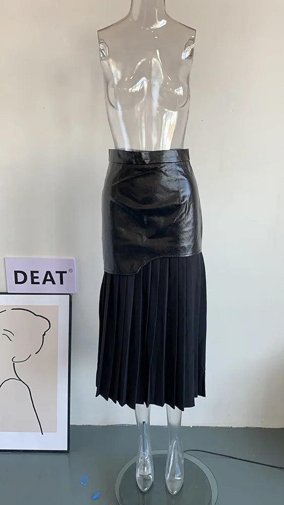 DEAT 2024 White Long Autumn Leather Patchwork A-line Wrap Hip