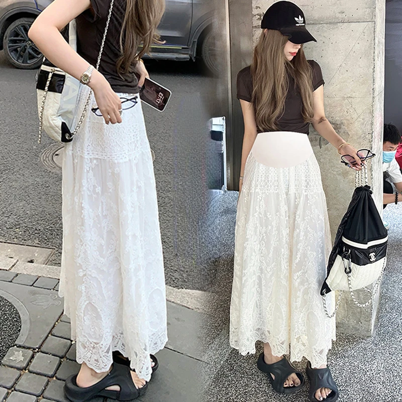 한국 스타일 임산부 레이스 스커트, 안감 하이웨이스트, 귀여운 패션, 꽃무늬 자수, 긴 임산부 스커트