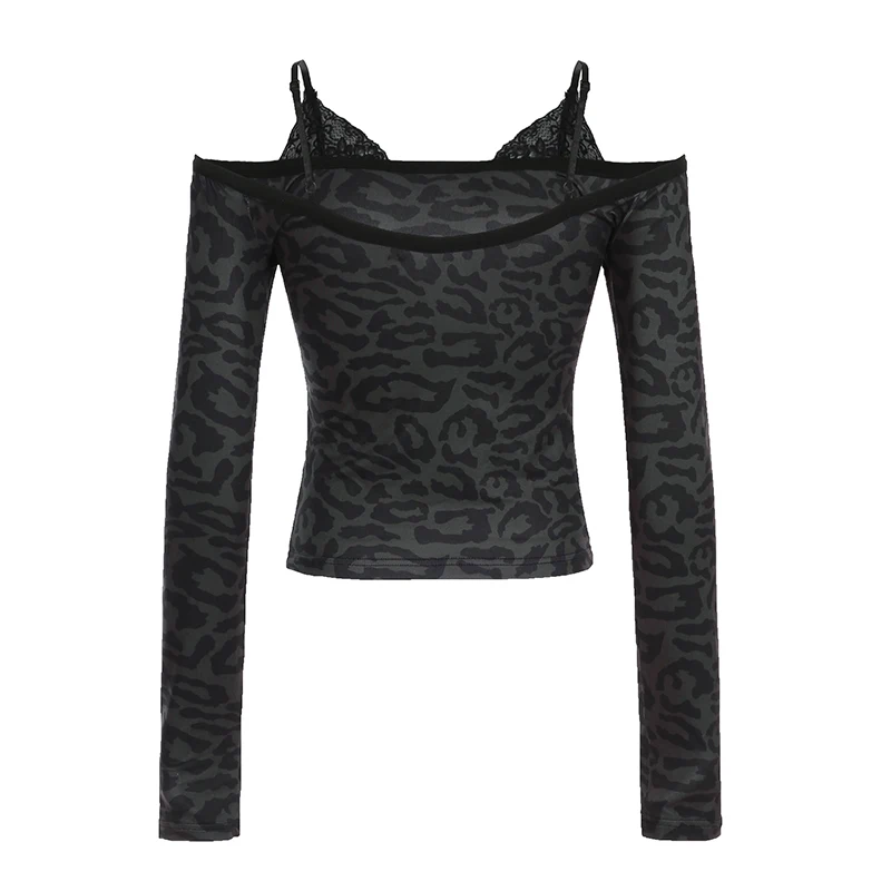 Vintage Animal Patterns Lace Strappy T-shirt Off Shoulder Sexy Fitted Cropped Top Y2K Long Sleeve Tee Street Outfits