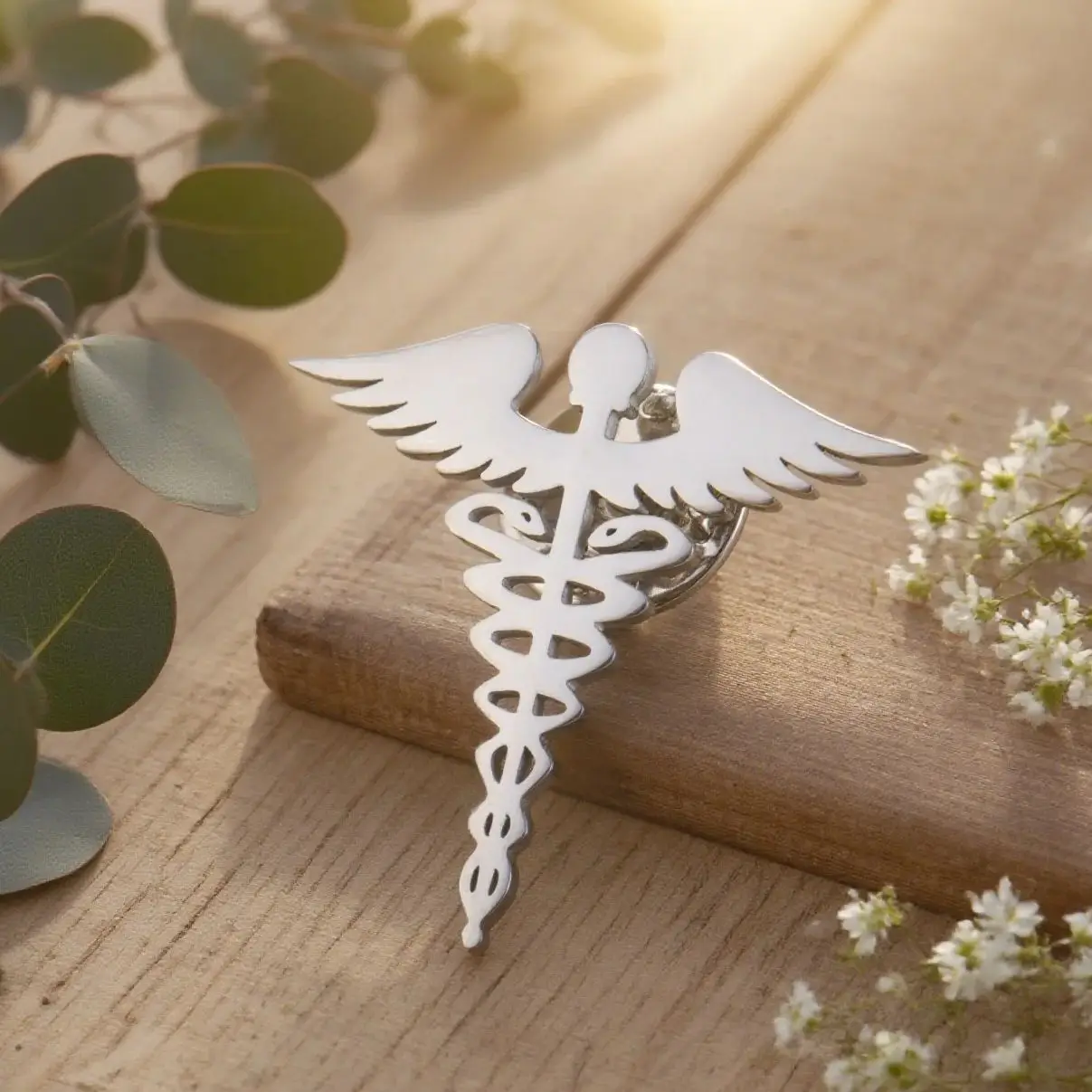 Broche caducée argentée