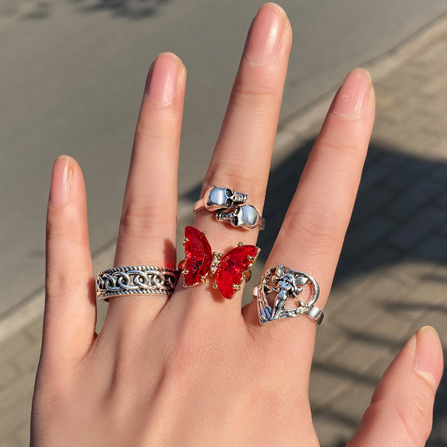 Silver Color Skull Heart Rings Set For Women Men Gothic Chain Retro Rings 2021 Trend Fashion Jewelry