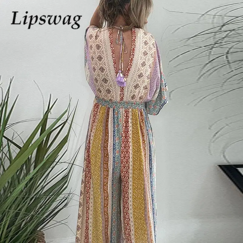 

Vintage Bohemian Print Loose Jumpsuit Female Summer Short Sleeve Flare Pants Combinations Women Casual Double V Waist Overalls